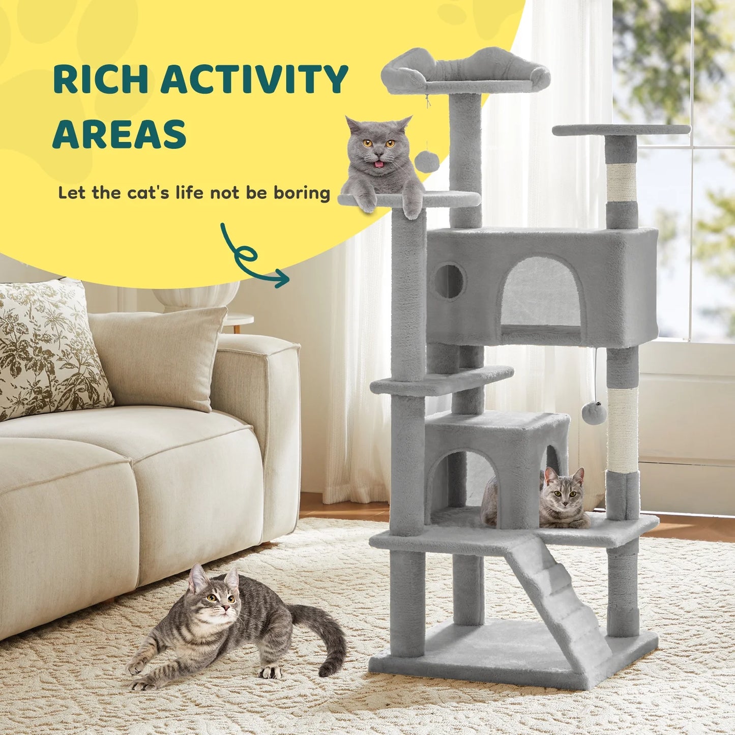 54" Cat Tree Tower Multi-Level with Scratching Post, Large Condo for Indoor, Light Gray