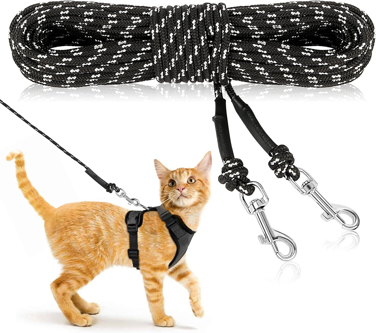 Reflective Cat Long Leash - 15 FT Escape Proof Walking Leads Yard Long Lead Durable Safe Personalized Extender Leash Traning Play Outdoor for Kitten, Puppy, Rabbit and Small Animals
