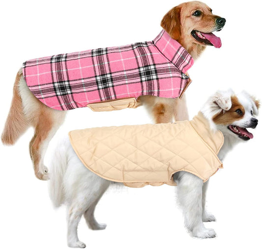 Dog Jackets for Winter, Reversible, Windproof, Waterproof, Warm Dog Coat - British Style Plaid Dogs Winter Vest, Pink, 3XL