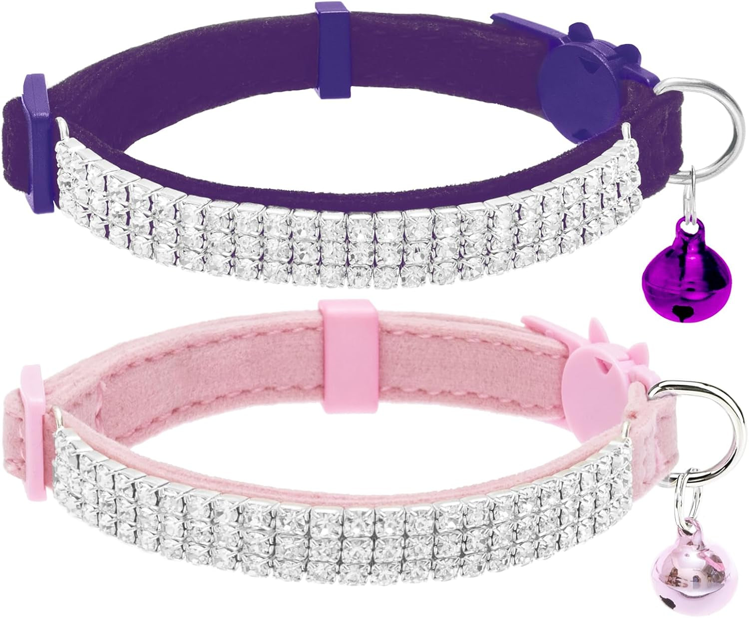 Soft Velvet Safe Cat Collars for Girl Cats -2 Pack Rhinestones Bling Diamante Adjustable Collars Breakaway- Chirstmas Cat Clollar Gifts with Bells for Boy Cats Kitty and Small Dogs