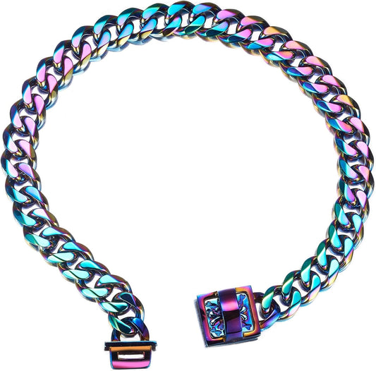 19 Mm Dog Collar Rainbow Heavy Duty Stainless Steel Dog Colorful Luxury Training Collar Cuban Link with Durable Clasp Necklace Chain