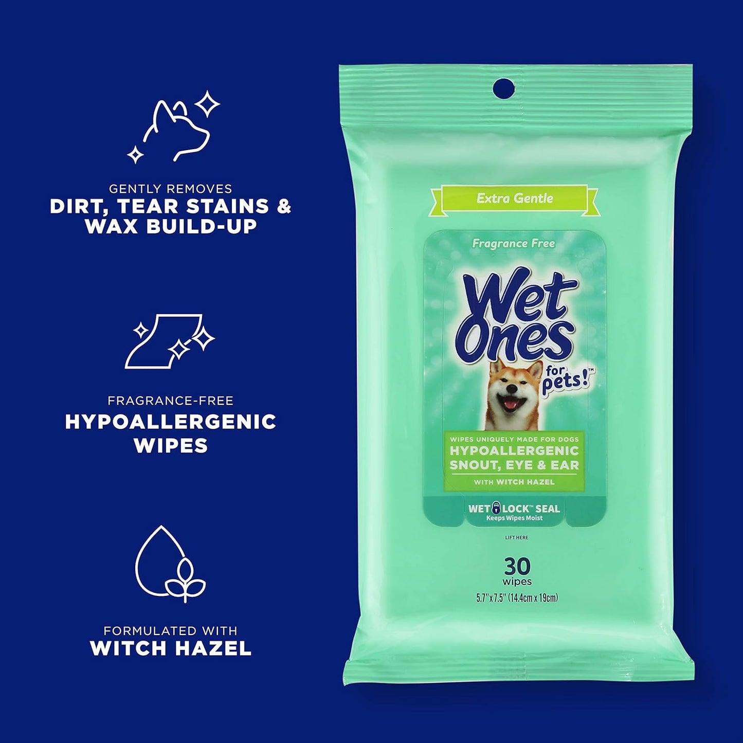 for Pets Extra Gentle Dog Wipes with Witch Hazel for Snout, Eye, Ear - Fragrance-Free Wipes for Dogs with Wet Lock Seal, 30 Count - 8 Pack