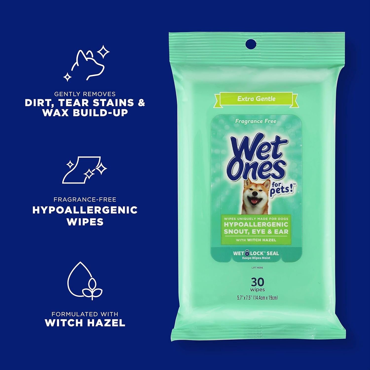 for Pets Extra Gentle Dog Wipes with Witch Hazel for Snout, Eye, Ear - Fragrance-Free Wipes for Dogs with Wet Lock Seal, 30 Count - 8 Pack