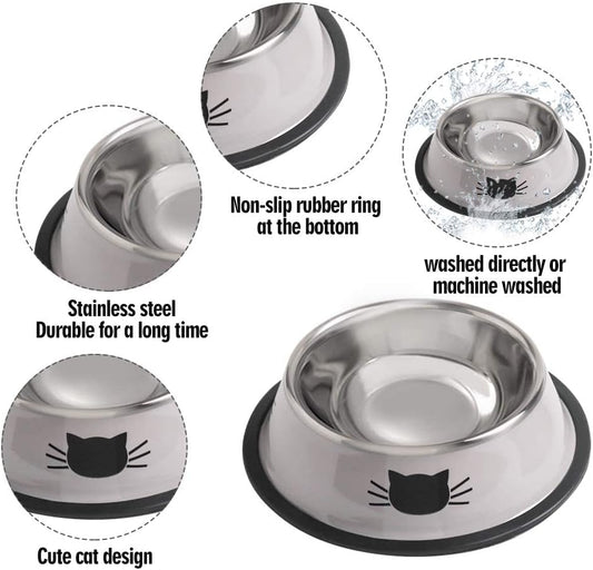 Cat Bowls for Food and Water,2Pcs  Non-Slip Stainless Steel Small Food Bowls 8 Oz Pet Bowl with Removable Rubber Base Dog Bowl,Stackable Cat Puppy Dishes Bowls with Cute Cats Painted