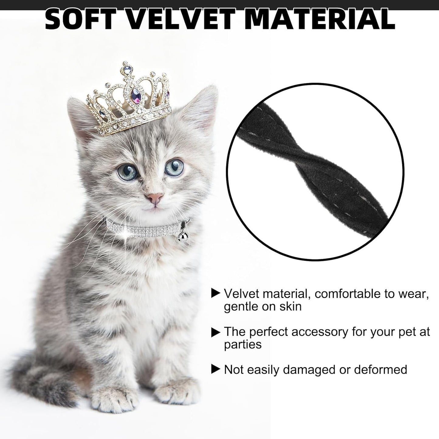 Soft Velvet Safe Cat Collars for Girl Cats -2 Pack Rhinestones Bling Diamante Adjustable Collars Breakaway- Chirstmas Cat Clollar Gifts with Bells for Boy Cats Kitty and Small Dogs