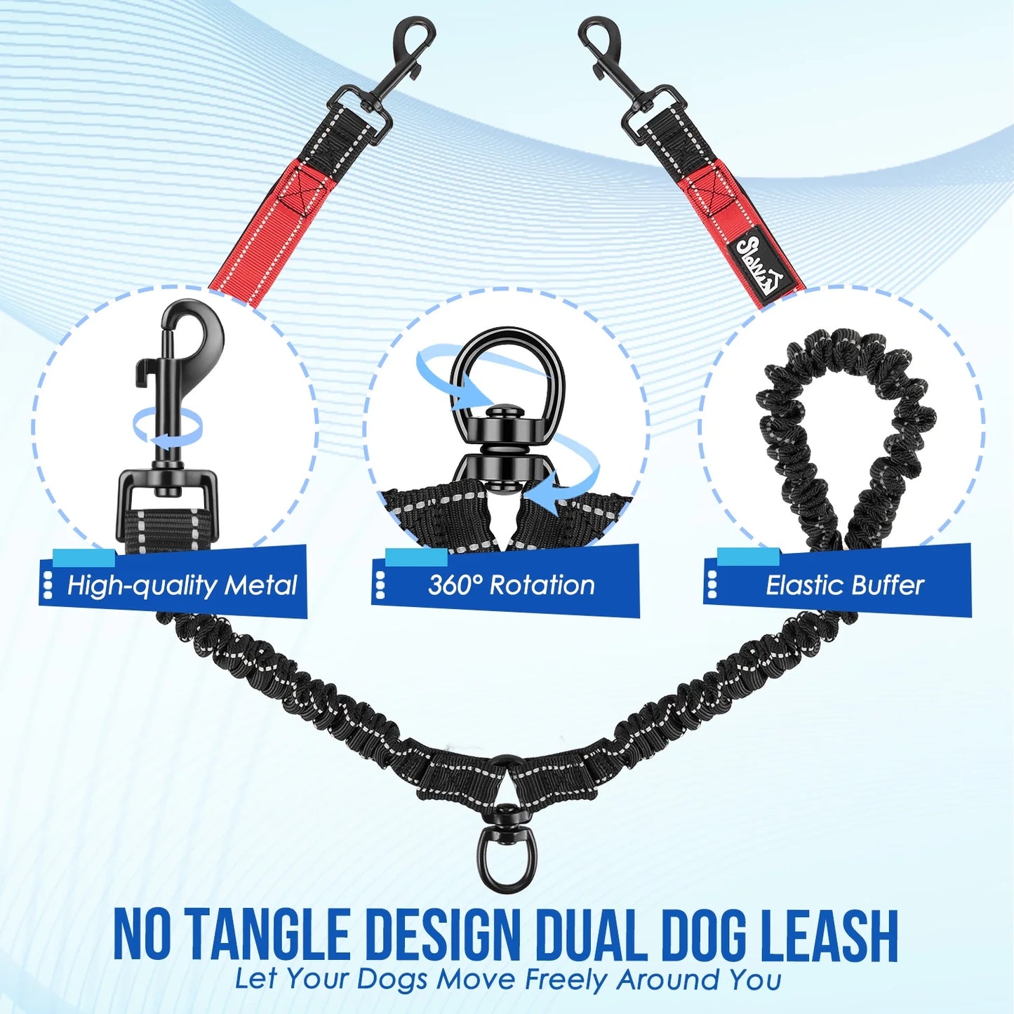 Double Dog Leash No Tangle - 360° Swivel Reflective Splitter Lead for 2 Large Dogs (25-150Lbs)
