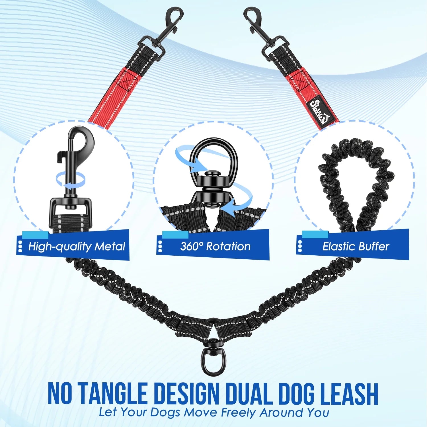 Double Dog Leash No Tangle - 360° Swivel Reflective Splitter Lead for 2 Large Dogs (25-150Lbs)