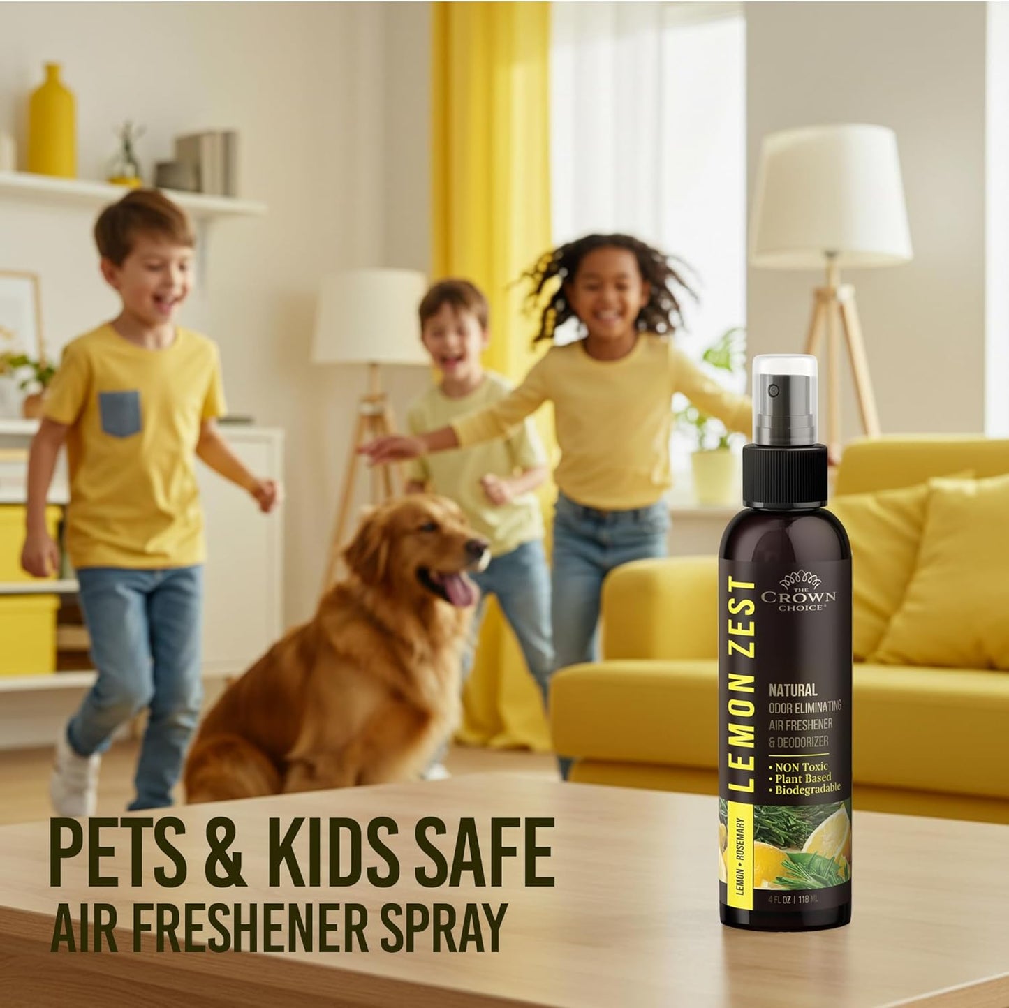 Non-Toxic Odor Eliminator, Natural Citrus Lemon Zest Air Freshener Spray for Home, Room, Closet & Couch Deodorizer, Long Lasting Bathroom & Toilet Freshener, Safe for Kids & Pets - 2 PK - 4 Oz Each