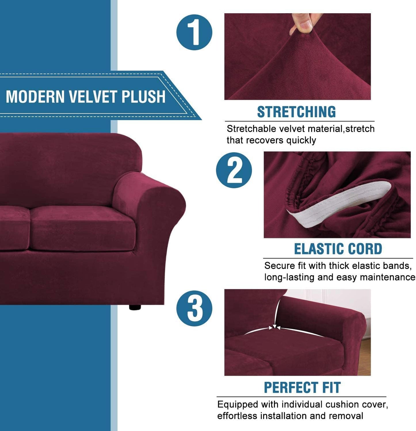 Rich Velvet Stretch 2 Piece Cover Chair Slipcover Sofa Cover Furniture Protector Couch Soft with Elastic Bottom Chair Couch Cover with Arms Width up to 49 Inch(Chair, Burgundy)
