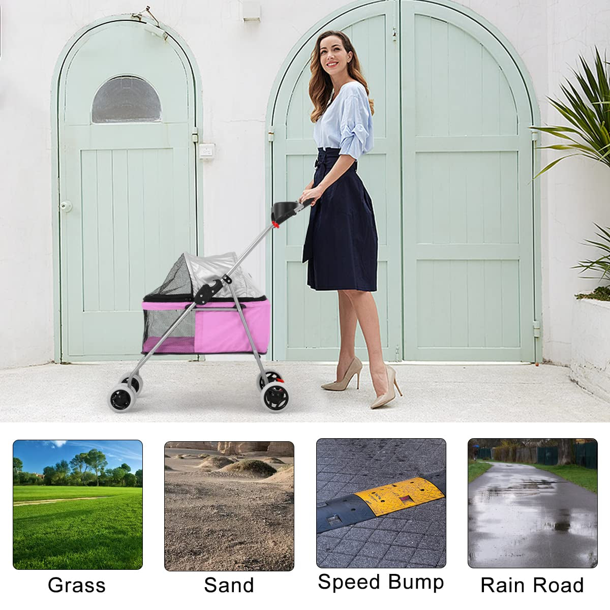 Pet Stroller for Small Medium Dogs & Cats - 4 Wheel Foldable Jogger Travel Stroller Carrier with Removable Liner Storage Basket, up to 35 LBS, Pink 30 X 19 X 36.8 Inch