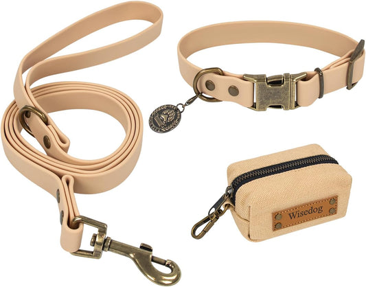 Dog Collar and Leash Set, Waterproof Adjustable Puppy Collars with Cute Tag 5FT Dog Leash with Poop Bag for Small Medium Large Dogs (M, Sand Color)