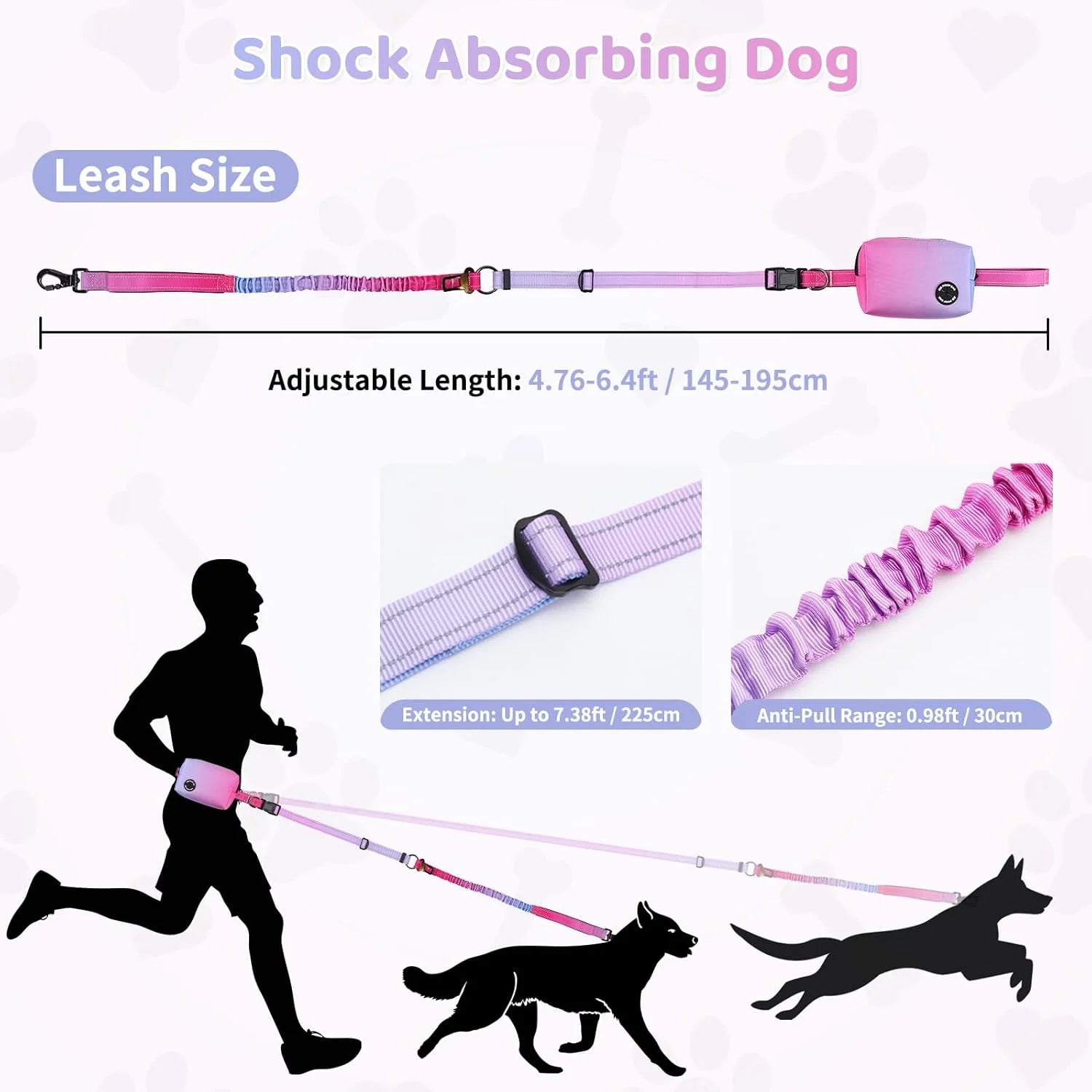 Hands Free Dog Leash with Zipper Pouch, 6-9Ft Bungee Waist Leash for Medium Large Dogs Walking, Running Lead with Dual Padded Handles Car Safety Buckle for Training Jogging