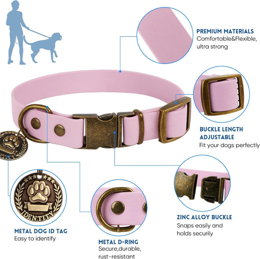 Dog Collar and Leash Set, Waterproof Adjustable Puppy Collars with Cute Tag 5FT Dog Leash with Poop Bag for Small Medium Large Dogs (M, Pale Pinkish Purple)
