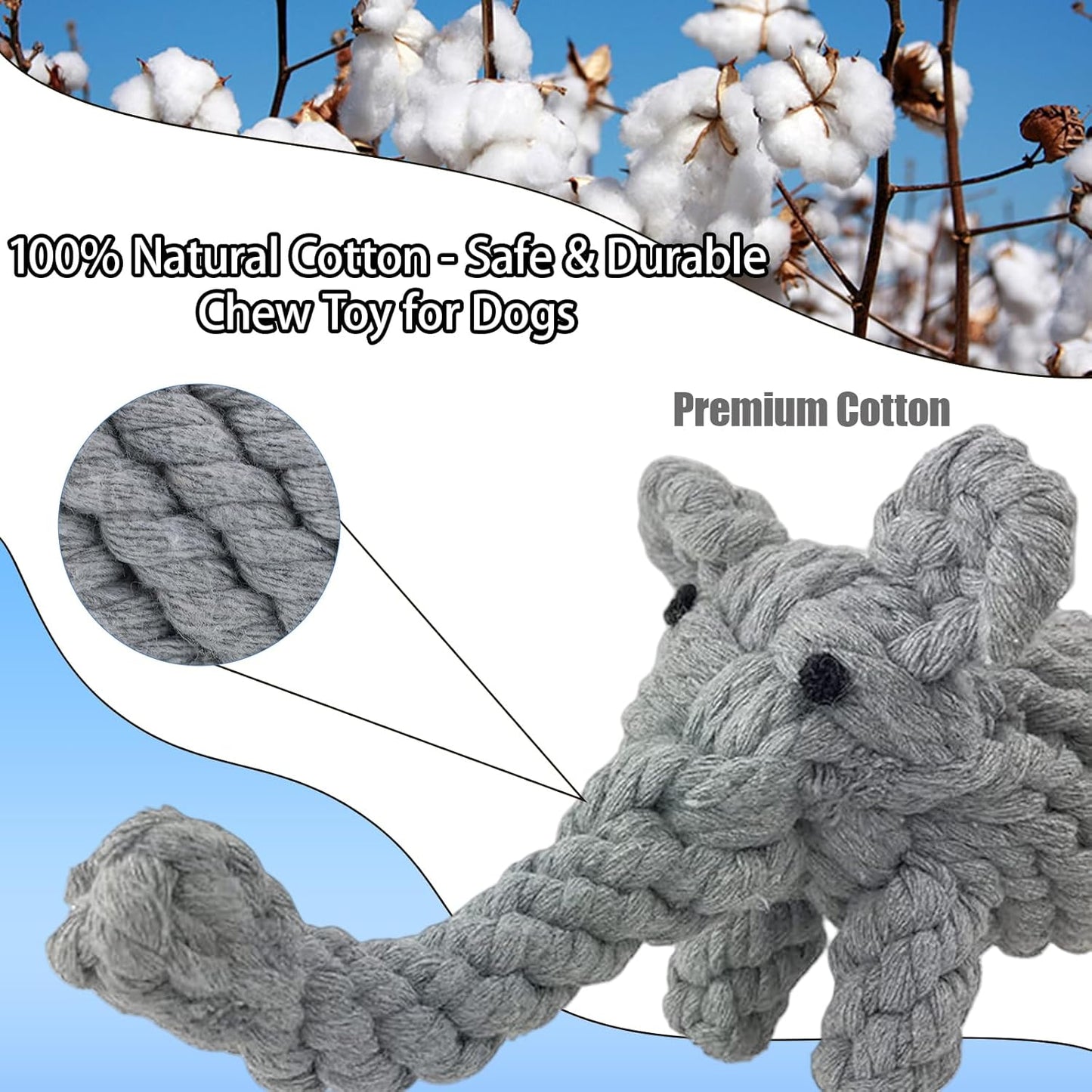 Puppy Dog Rope Toy for Teeth Cleaning, Chew-Proof Dental Care & Training Reward | Durable Cotton Heather Gray Elephant for Small & Medium Dogs