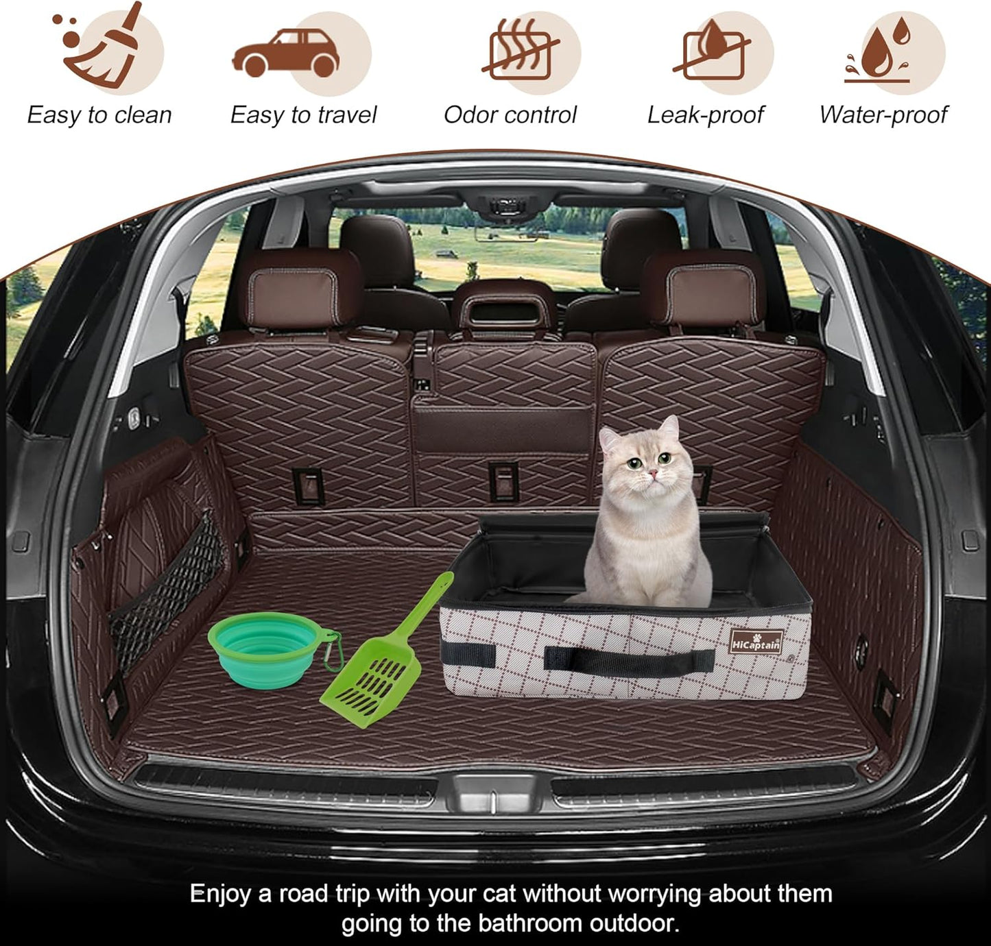 Portable Travel Litter Box with Lid, Foldable Cat Travel Litter Box - Leakproof, Odor-Free & Waterproof. Ideal for Road Trip, Cars, Hotels and Airplane- Khaki