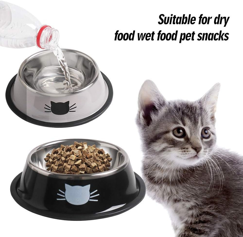 Cat Bowls for Food and Water,2Pcs  Non-Slip Stainless Steel Small Food Bowls 8 Oz Pet Bowl with Removable Rubber Base Dog Bowl,Stackable Cat Puppy Dishes Bowls with Cute Cats Painted