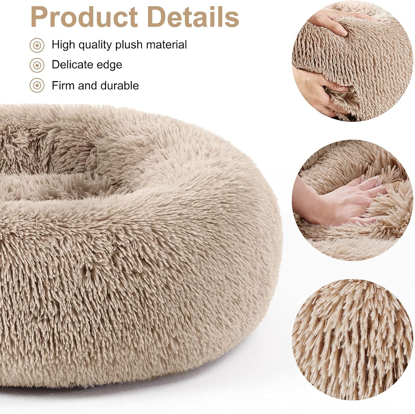Pet Dog Bed for Medium Dogs Cats Donut, Comfortable round Plush Dog Beds Calming Fluffy Faux Fur Cat Dog Cushion Bed, Machine Washable, Anti-Skid (30" X 30", Taupe)