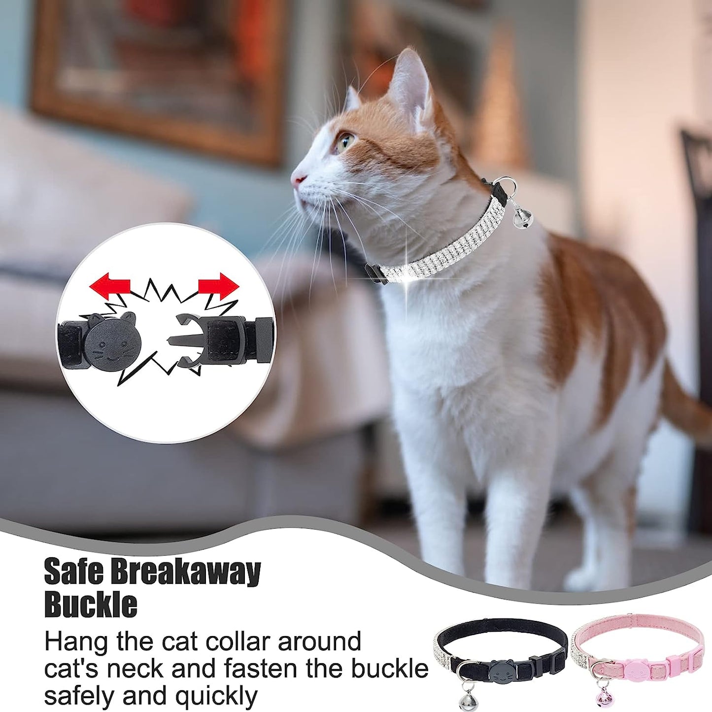 Soft Velvet Safe Cat Collars for Girl Cats -2 Pack Rhinestones Bling Diamante Adjustable Collars Breakaway- Chirstmas Cat Clollar Gifts with Bells for Boy Cats Kitty and Small Dogs