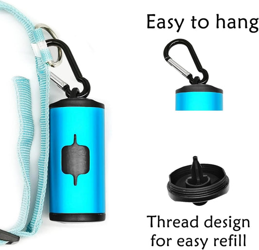 Aluminum Dog Poop Bags Holder with Carabiner Metal Pet Waste Bags Dispenser with Hook and Loop Fastener and Elastic Cord to Carry Used Bags (Blue)