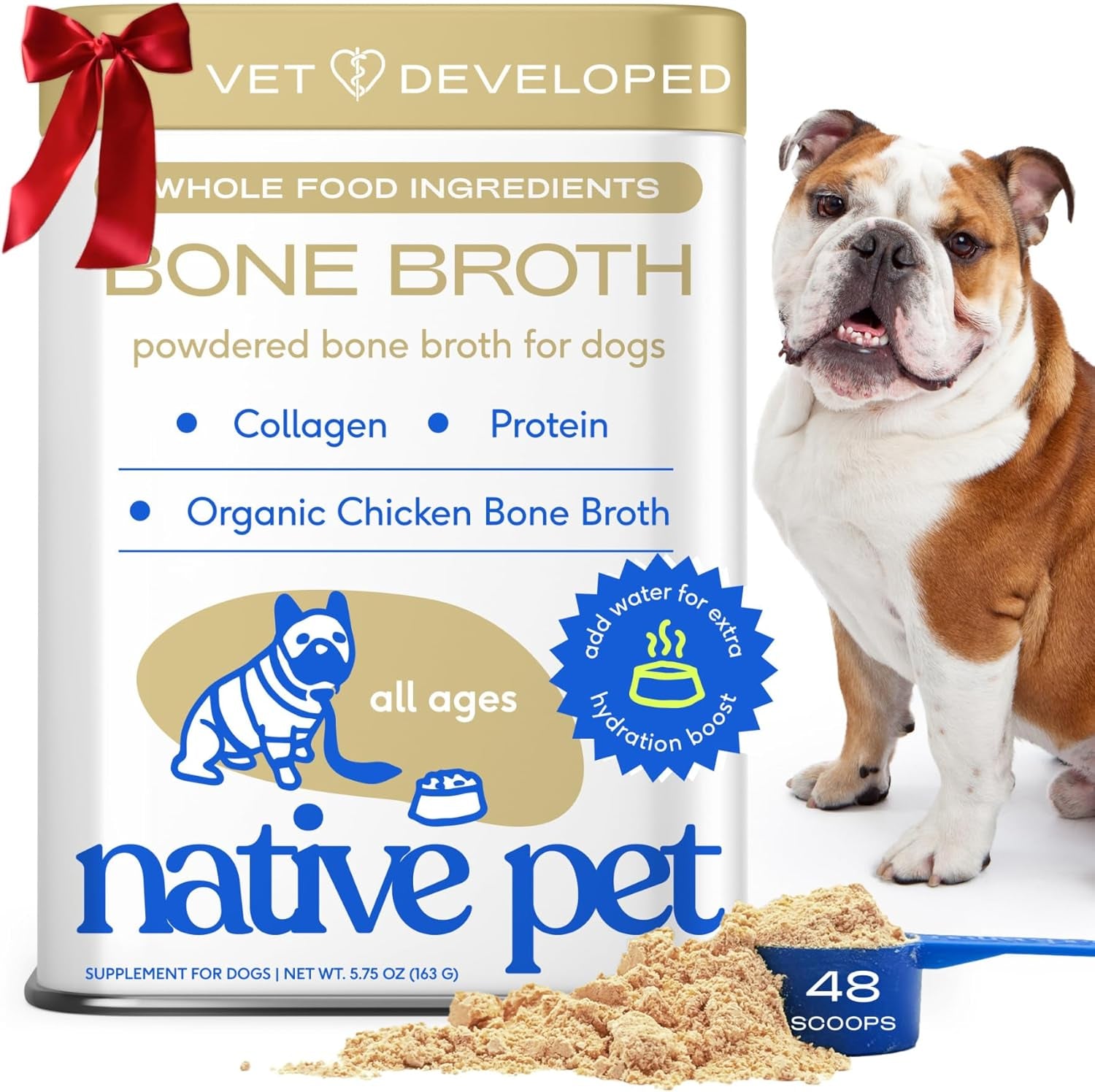 Bone Broth for Dogs and Cats - Chicken Bone Broth Powder Dog Food Toppers for Picky Eaters - Provides Extra Nutrition for Joint Strength, Immune Support & Heart Health - 48 Scoops