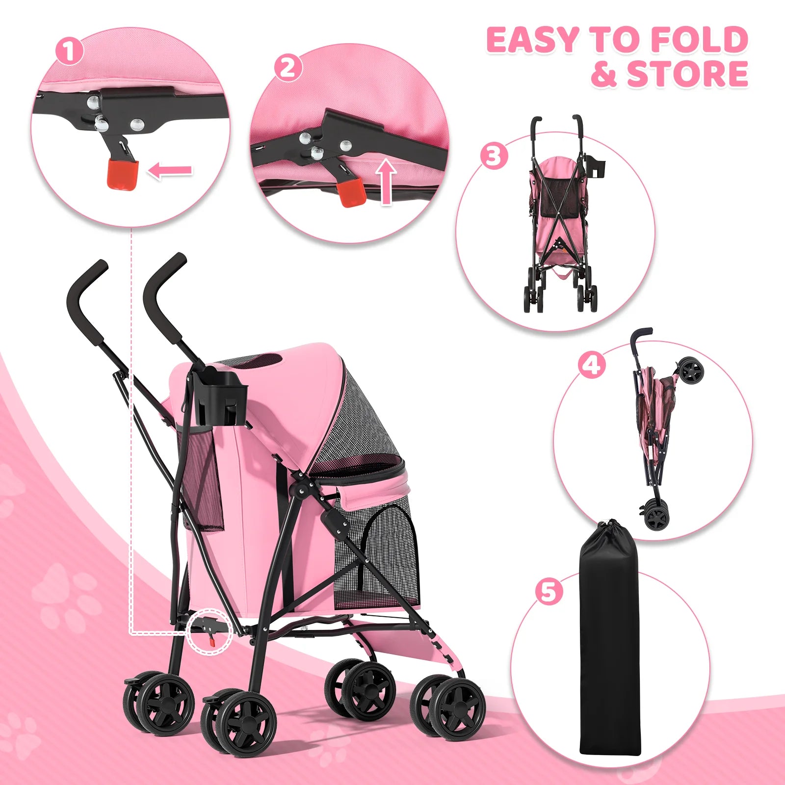 4 Wheel Foldable Lightweight Dog Stroller for Small Medium Dogs, Pet Stroller, (Pink)