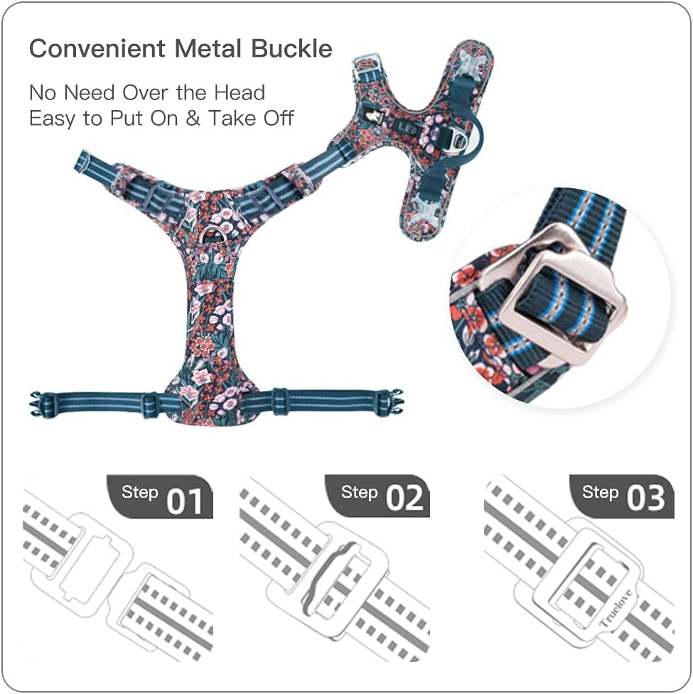 No Pull Dog Harness Reflective Dog Vest Harness with Handle Front Clip Neoprene Padded Dog Harness for Puppy Small Medium Large Dogs 3 Buckles Easy to Put on & Take off Floral Blue XS
