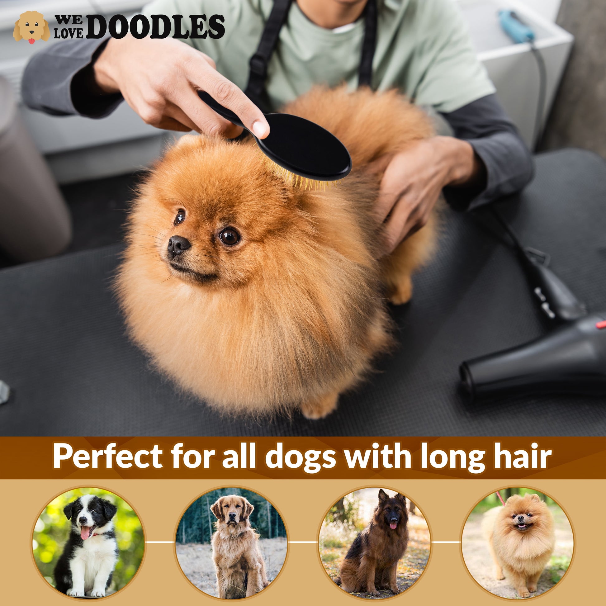 Pin Brush for Dogs, Pet Grooming Detangler Pin Dog Brush, Dog Brush for Shedding & Loose Fur, Gold Pins Long Haired Pets