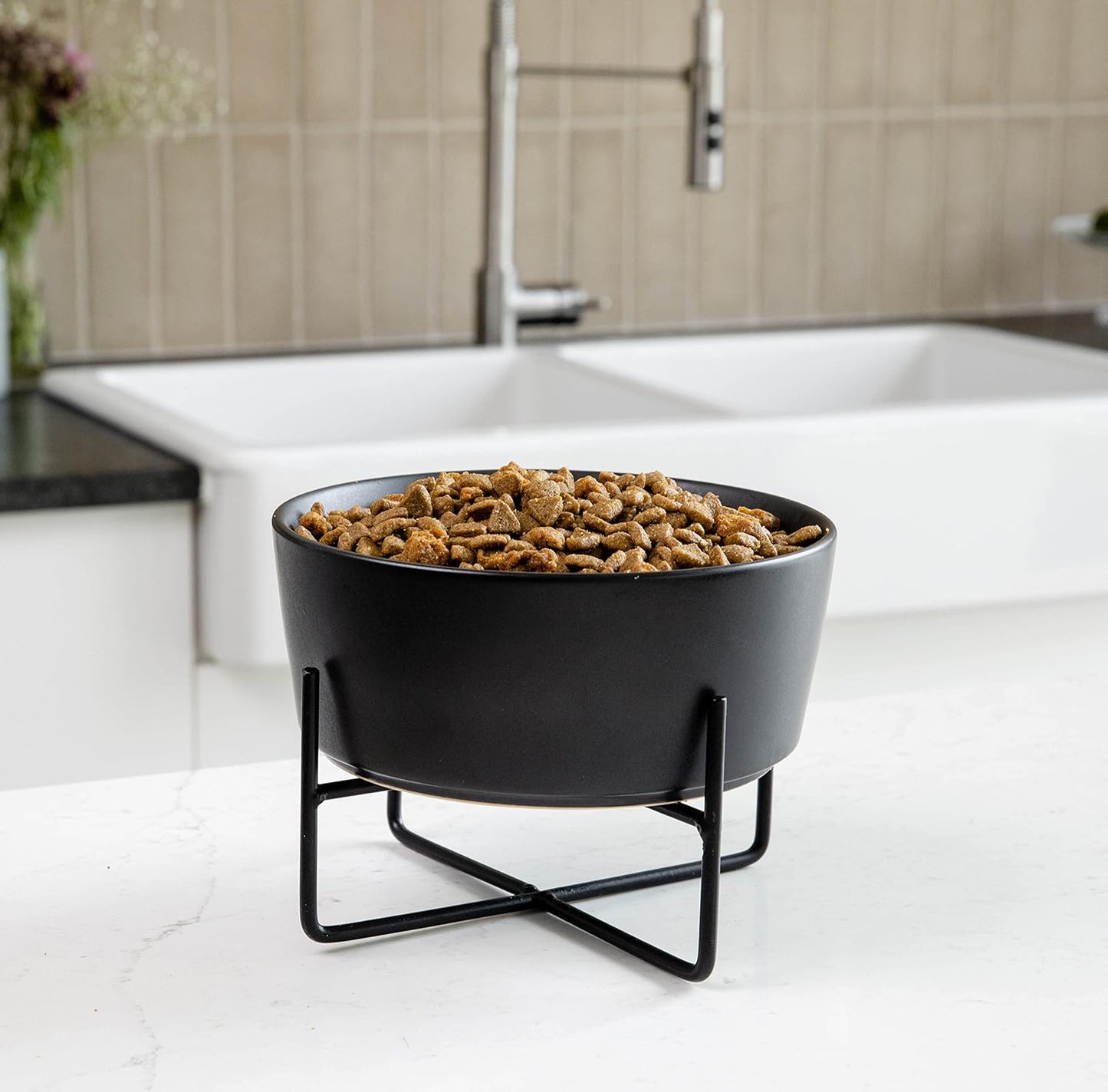 Simple Solid Dog Bowl and Dog Bowl Stand - Single Iron Stand with Single Ceramic Feeder or Water Bowl (Medium, Matte White)