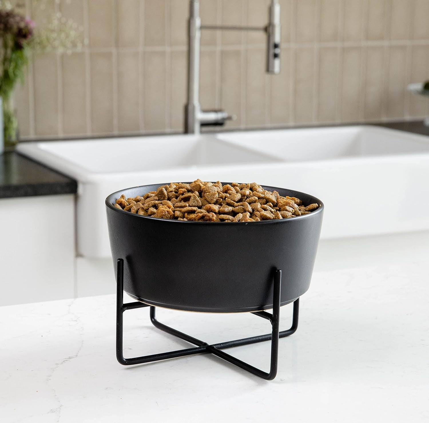 Simple Solid Dog Bowl and Dog Bowl Stand - Single Iron Stand with Single Ceramic Feeder or Water Bowl (Medium, Matte White)