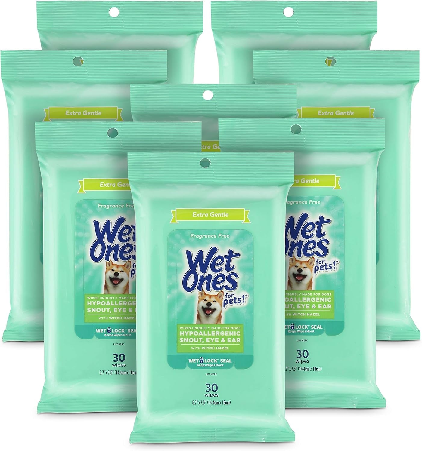 for Pets Extra Gentle Dog Wipes with Witch Hazel for Snout, Eye, Ear - Fragrance-Free Wipes for Dogs with Wet Lock Seal, 30 Count - 8 Pack