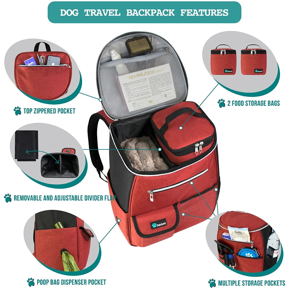 Dog Travel Bag Backpack, Airline Approved Dog Bags for Traveling, Puppy Diaper Bag Supplies, Pet Camping Essentials Hiking Accessories Dog Mom Gift, Food Container, Collapsible Bowls, Red