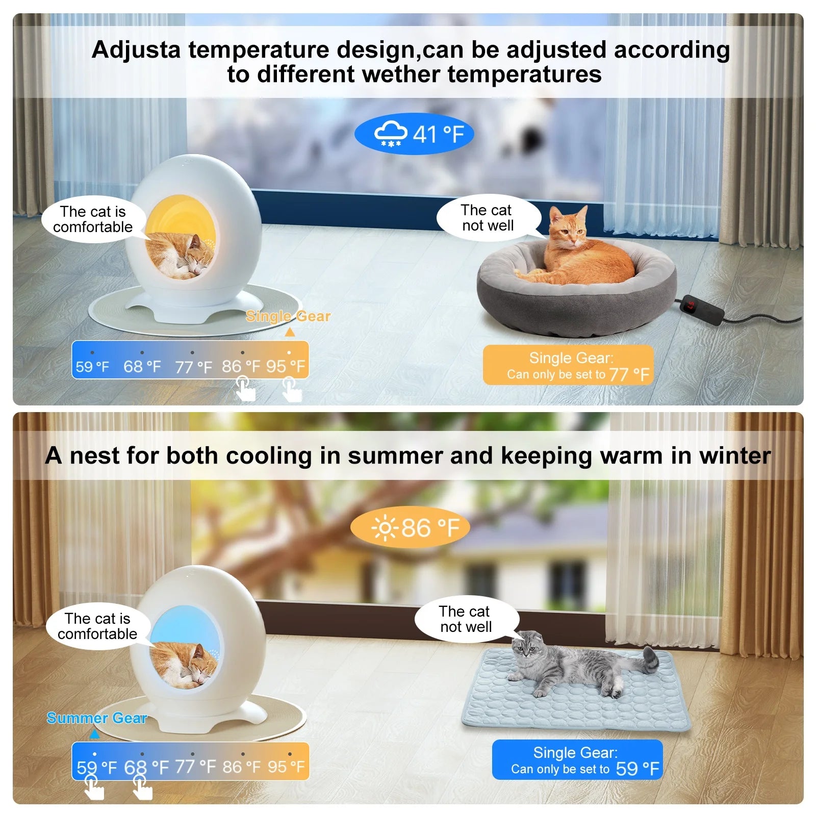 Heated Cat Bed for Large Cats, Cat Warming Bed for Winter, Waterproof Washable Pet Cat Shelter, Cat Hideaway with Light & Sleep Music, Cat Houses for Indoor Cats