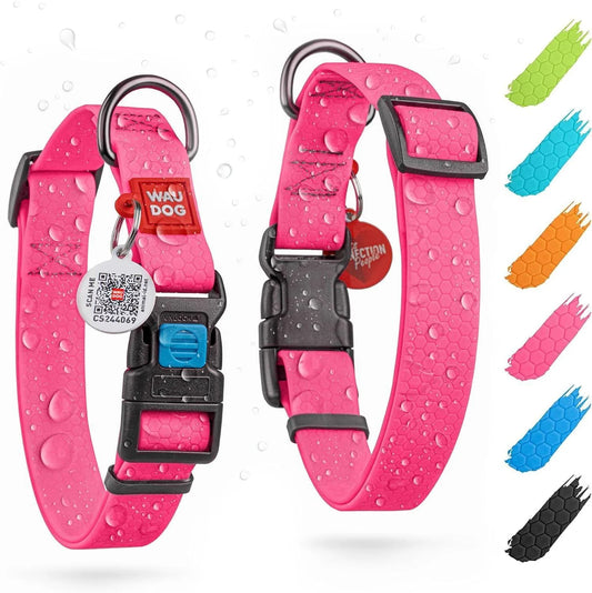 Waterproof Dog Collar 17-28 Inch Neck X 1 3/5 Inch Wide Plastic Buckle Adjustable Dog Collar for Large Dogs Small and Medium Dogs Breakaway Dog Collar Waterproof with Plastic Buckle and QR Dog Tag Boy & Girl Dog Collars (Pink)