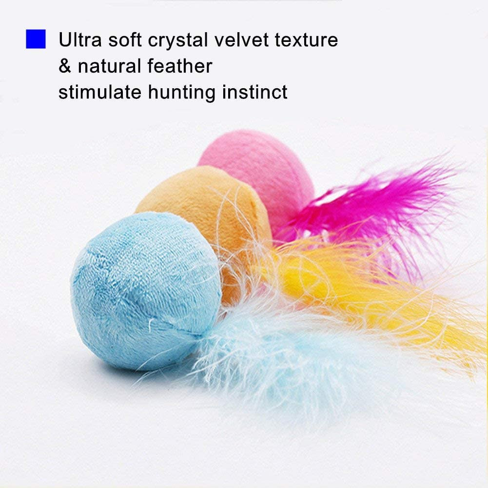 Furry Rattle Ball Cat Toy with Feather and Catnip - Interactive Pom Pom Balls for Cats, Soft and Lightweight, 2 Inch, 3 Pack.