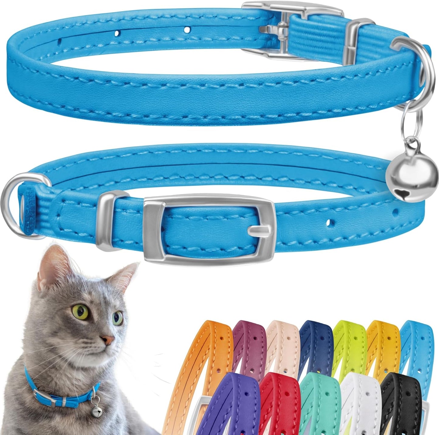 Leather Cat Collar, Kitten Collar with Removable Bell Black Blue Red Orange Lime Green (8-11 Inch, Light Blue)