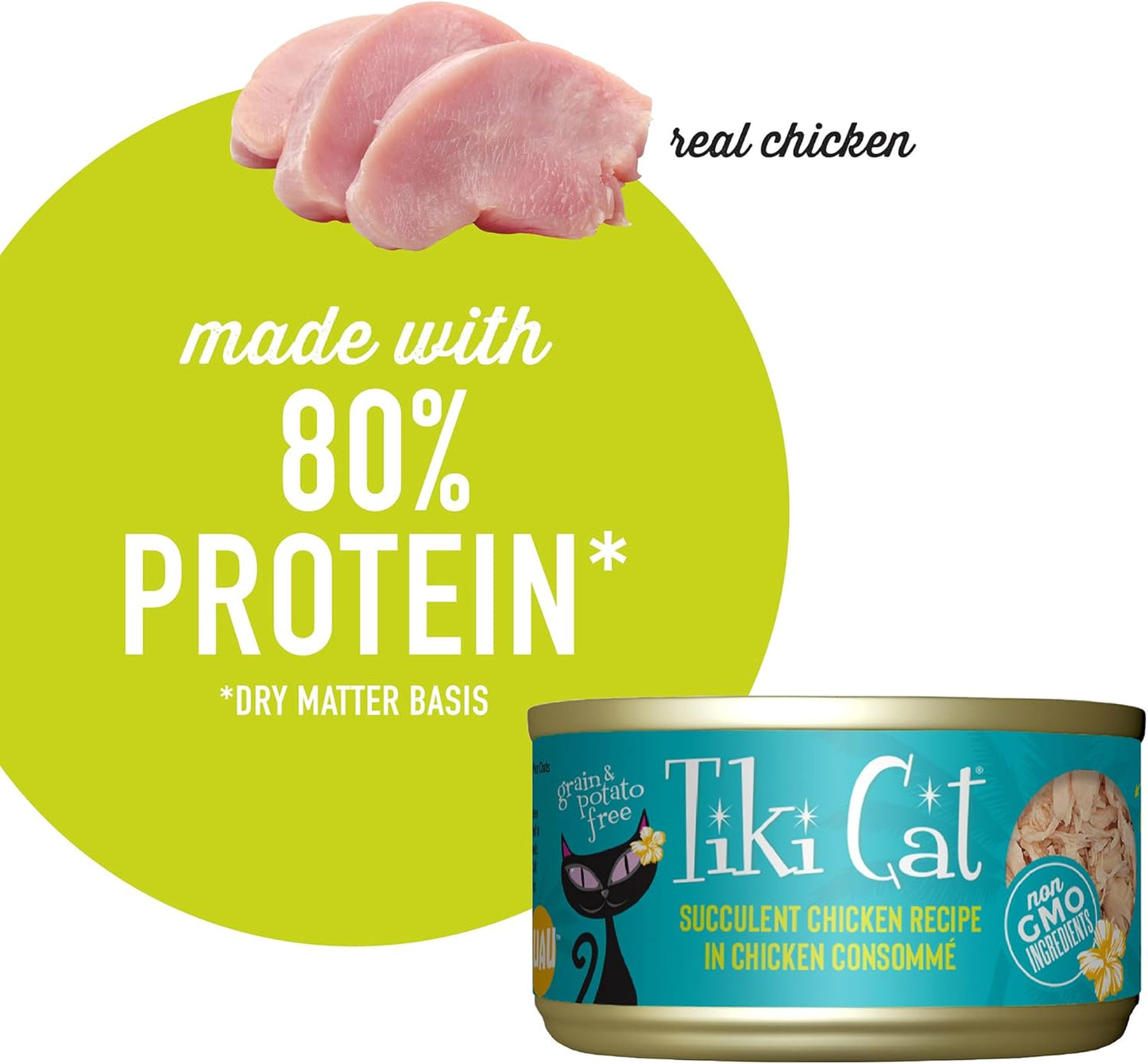 Tiki Cat Luau Shredded Meat, Succulent Chicken Recipe in Chicken Consumme, Grain-Free Balanced Nutrition Wet Canned Cat Food, for All Life Stages, 2.8 Oz. Can (12 Count)