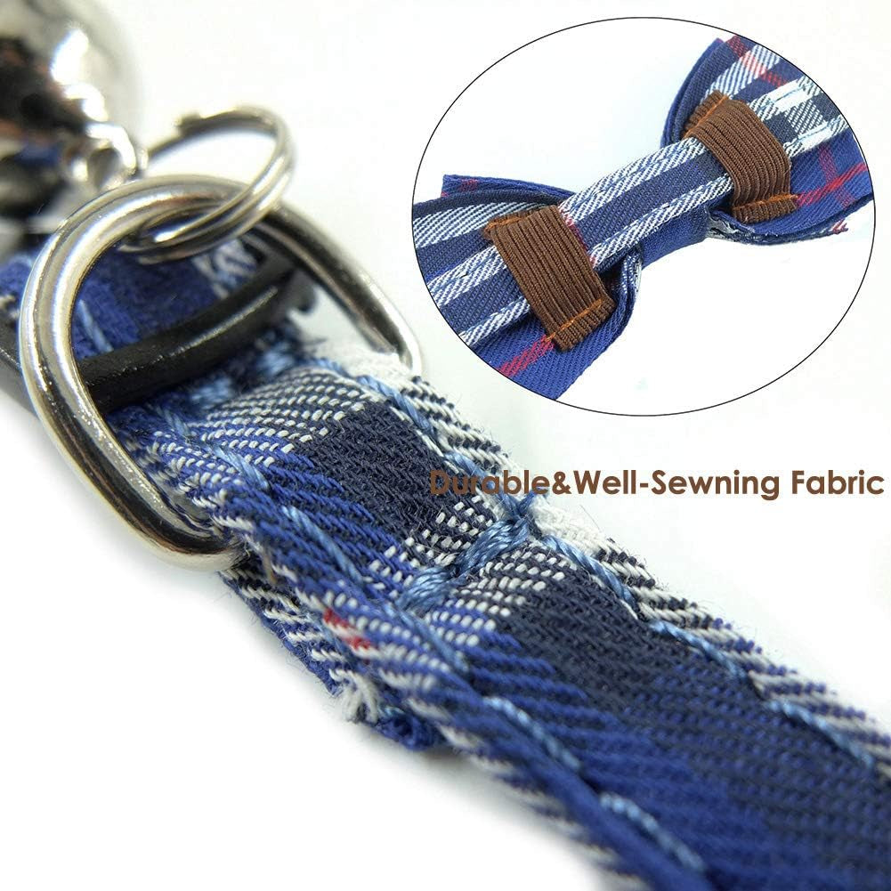 Cat Collar Breakaway with Bell and Bow Tie, Plaid Design Adjustable Safety Kitty Kitten Collars Set of 2 Pcs(6.8-10.8In) (Red&Blue Plaid)