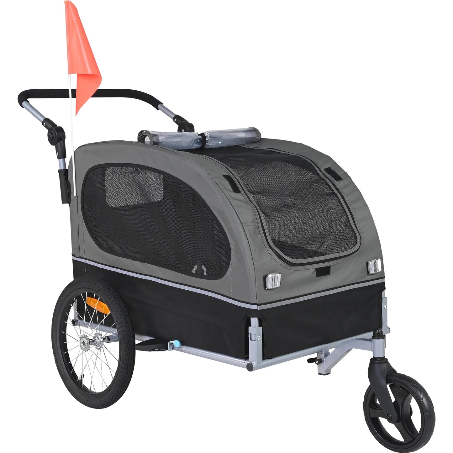 Pet Bike Trailer, up to 88 Lbs Capacity, Dual-Function Dog Stroller and Bicycle Hitch, Foldable Frame with Snap-On Wheels, Includes Bike Attachment, Safety Reflectors, and Flag, Black/Gray