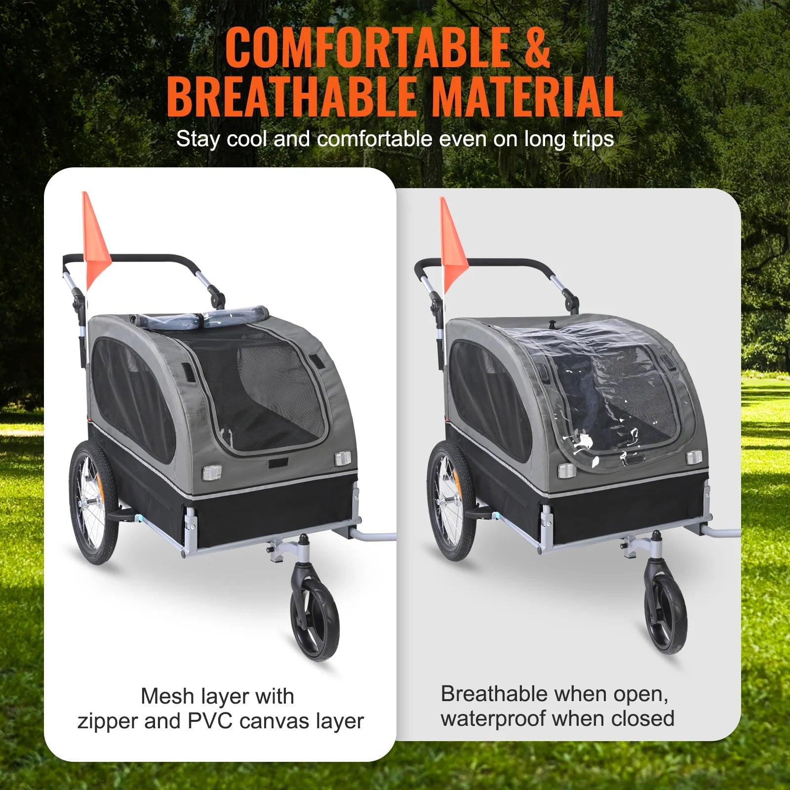 Pet Bike Trailer, up to 88 Lbs Capacity, Dual-Function Dog Stroller and Bicycle Hitch, Foldable Frame with Snap-On Wheels, Includes Bike Attachment, Safety Reflectors, and Flag, Black/Gray