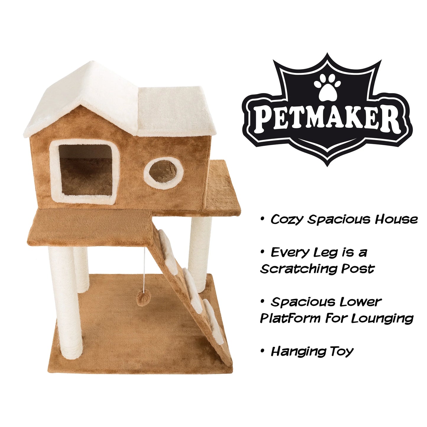35In Cat Tree with Ladder, House, Scratch Posts, and Toy (Brown)
