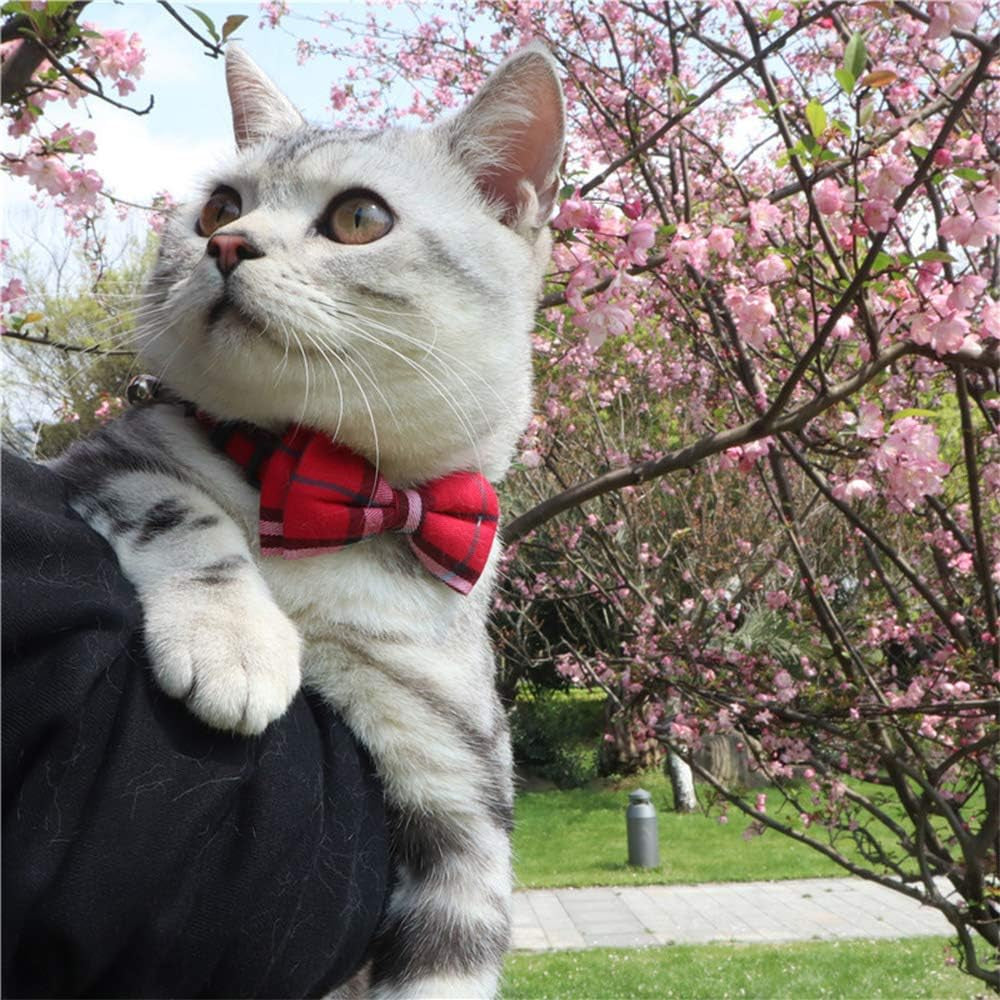 Cat Collar Breakaway with Bell and Bow Tie, Plaid Design Adjustable Safety Kitty Kitten Collars Set of 2 Pcs(6.8-10.8In) (Red&Blue Plaid)