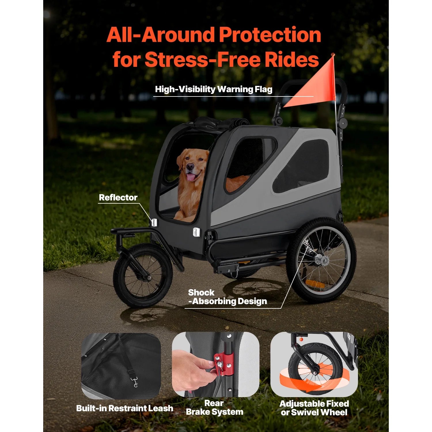 Dog Bike Trailer, Holds up to 100 Lbs, 2-In-1 Pet Stroller and Bicycle Carrier for Small and Large Dogs, Foldable Frame with Quick-Release Wheels, Universal Bike Hitch, Built-In Safety Leash