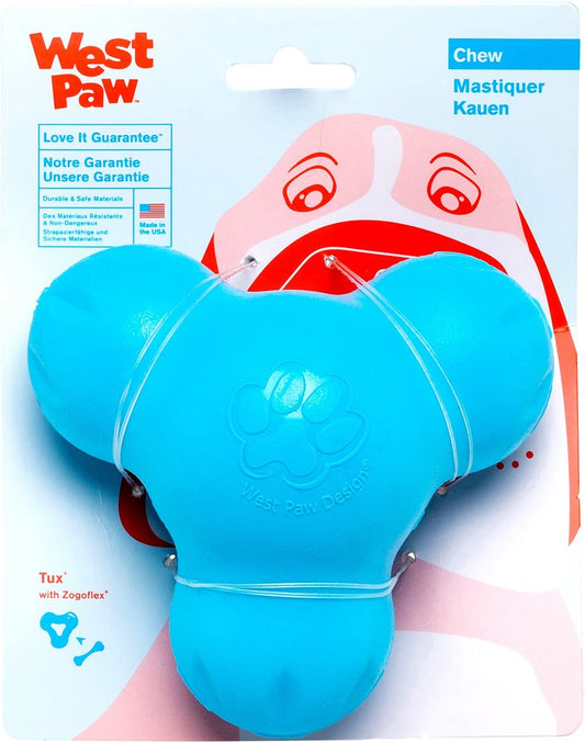 Zogoflex Tux Treat Dispensing Dog Chew Toy – Interactive Chewing Toy for Dogs – Dog Games for Aggressive Chewers, Fetch, Catch – Holds Kibble, Treats, Small 4", Aqua Blue
