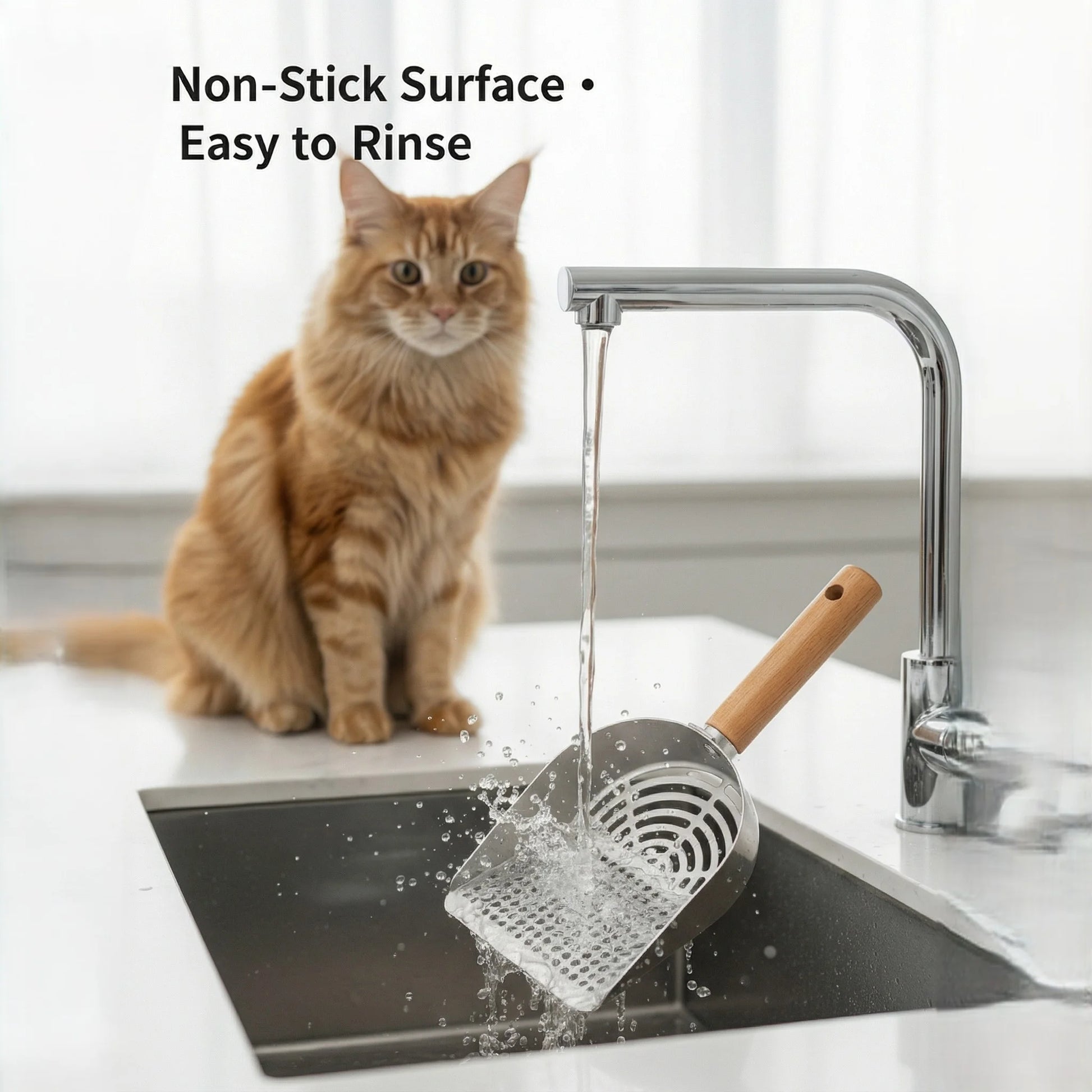 Kimmy&Co Solid Wood Cat Litter Scoop - Heavy Duty Non-Stick Metal Sifter - Deep Shovel for Easy Cleaning