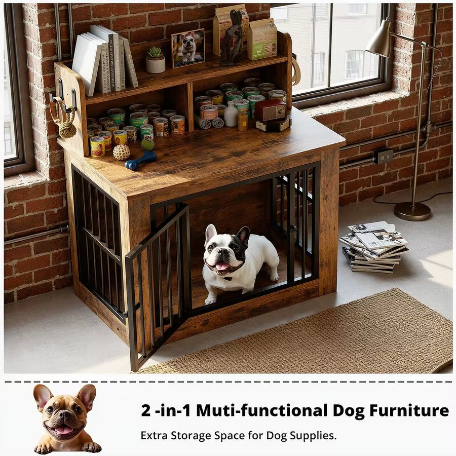Dog Crate Furniture, 33.4 Inches Wooden Small Dog Crate with Storage and 4 Hooks, Heavy Duty Pet Crate for Small Dog, Decorative