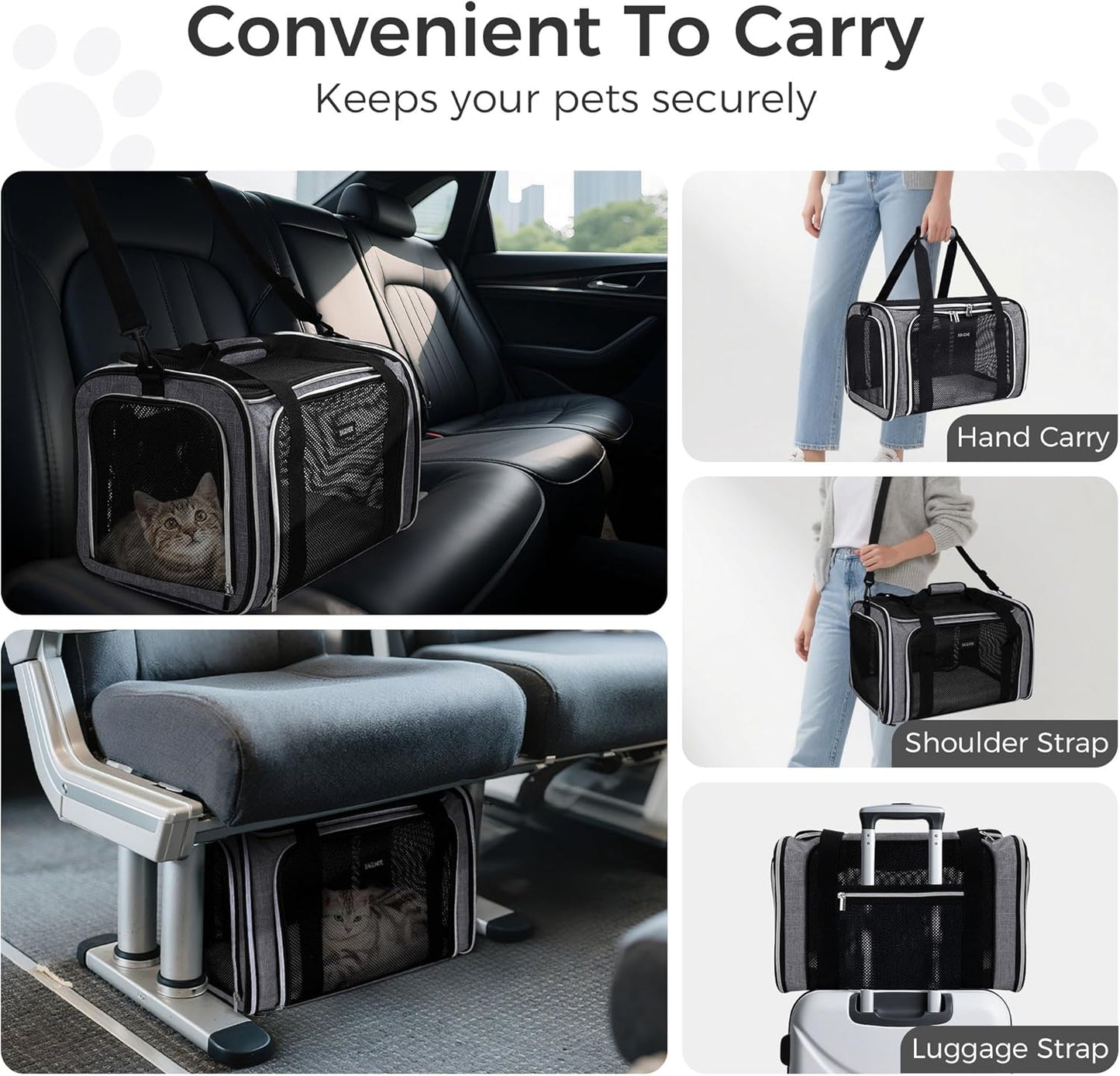 Pet Travel Carrier, Cat Carriers Dog Carrier for Small Medium Cats Dogs Puppies, Airline Approved Small Dog Carrier Soft Sided, Collapsible Puppy Carrier. Grey