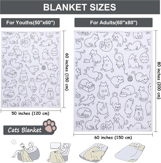 Cat Blanket Ultra Soft Flannel Throw Gifts for Cats Lovers Girls Women Mom White Lovely Kitten Pattern Blankets for Couch Bed Sofa (50"X60", Cat 2)