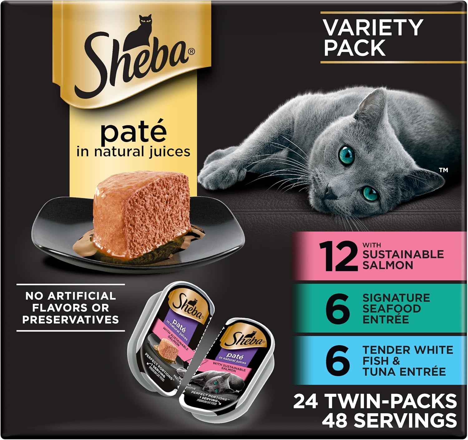 Perfect Portions Wet Cat Food Pate with Sustainable Salmon, Signature Seafood Entree, and Tender White Fish and Tuna Entree Variety Pack, 2.6 Oz. Twin Pack Trays (24 Count, 48 Servings)