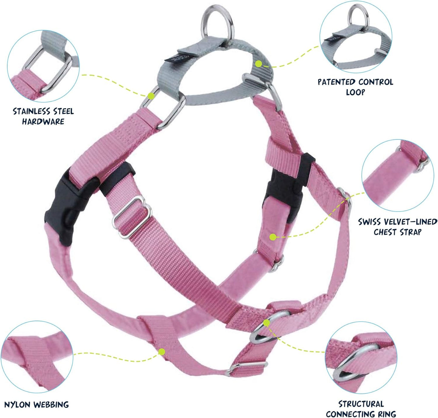 Freedom No Pull Dog Harness, Adjustable Harness, Easy Walking & Comfortable Control, Fits Small, Medium & Large Dogs, Solid Colors, Made in USA, 5/8" XS, Rose
