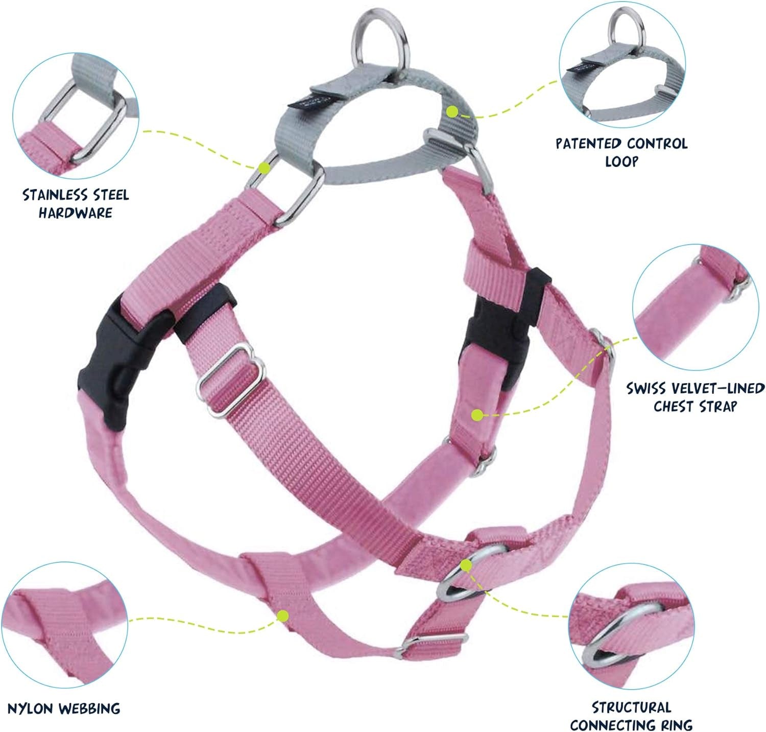 Freedom No Pull Dog Harness, Adjustable Harness, Easy Walking & Comfortable Control, Fits Small, Medium & Large Dogs, Solid Colors, Made in USA, 5/8" XS, Rose
